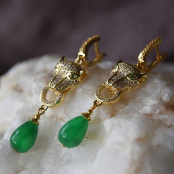 GG Unique Jewelry Jewelry - Gold Earrings Jade Stone Tiger/Lion/Animal Crystal